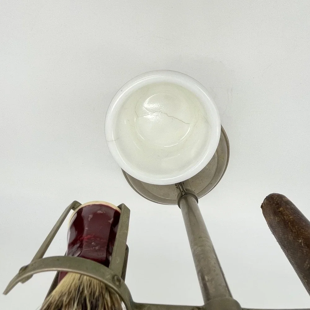 Antique Edwardian‎ Telescoping Brass Shaving Stand Mirror Brush Cup Razor